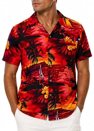 King Kameha Camisa Hawaiana Hombre - Camisa Verano Hombre con Estampado de Navegar, Camisas Hawaianas De Manga Corta Ligera y fácil de cuidar – Surf, Red, 5XL