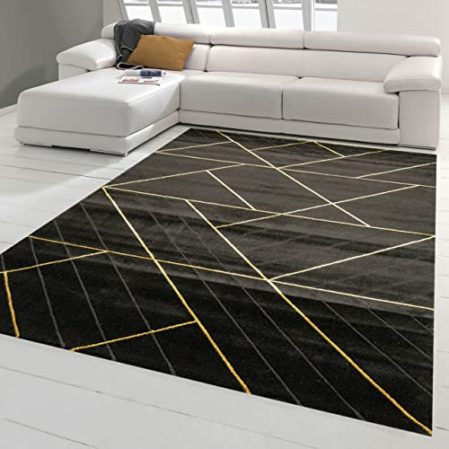 Teppich-Traum Matta dröm modern designer vardagsrumsmatta med geometriskt mönster i svart guld, storlek 120 x 170 cm