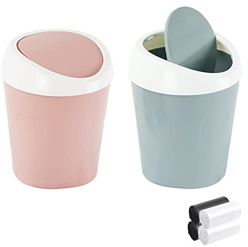 QLFJ-FurDec 2 Stücke Mini Mülleimer, Tischmülleimer mit Schwingdeckel mit 4 Rollen Müllsäcke, Kompaktes Design Mini Kosmetikeimer 10 * 12 * 17cm, Tischabfalleimer für den Waschtisch (Blau, Rosa)