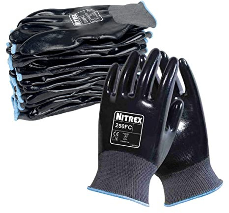 NITREX 250FC gants de travail - Résistants aux abrasions, coupures, déchirures et perforations - Enduit de nitrile intégral pour la protection mécanique et industrielle - 10 paires - Taille 10