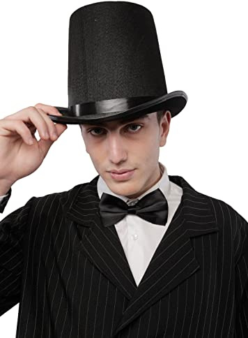 Sombrero Negro de Copa y Lazo para Adulto, Chistera Mago Hombre con Cinta de Raso para Disfraces Cosplay Carnaval Halloween, Talla única