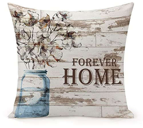 Pillow Cases for Home Decor Farmhouse Cushion Pillow Cover 18x18 for Baby Boys Girls Kids Room,Forever Home Wood Grain Glass Bottle Floral Cushion Cover with Zipper Father's Day Pillow Gifts