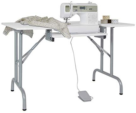 Folding Sewing Machine Table with White Top and Silver Legs