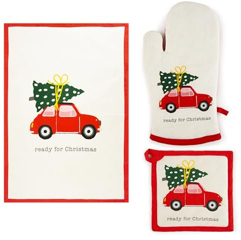 Excelsa Ready For Christmas Set 3-teilig Küchenhandschuh, Topflappen und Geschirrtuch, 100% Baumwolle, Füllung Polyester