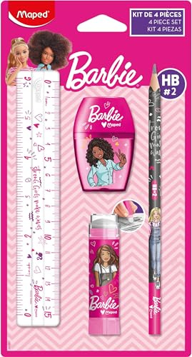 Maped - Set di cancelleria Barbie 4 pezzi - 1 righello trasparente 15 cm + 1 temperino 1 foro + 1 gomma tubo protetto + 1 matita carta HB - Licenza Barbie ufficiale