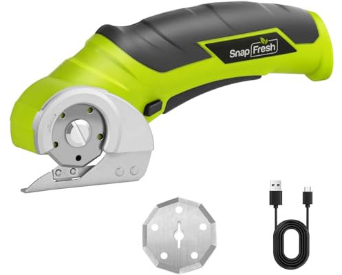 SnapFresh Tijeras Eléctricas sin Cable Mini Cutter Eléctrico 4V, Cortador Rotativo p/Tela y Tela, Cortador Alfombras y Cartón c/Cuchilla Repuesto