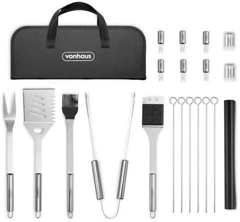 VonHaus BBQ Tool Set with Case, 20Pcs BBQ Accessories Kit Including Spatula, Fork, Tongs, Corn Forks, Barbecue Grill Mat, Basting Brush & Cleaner, Heavy Duty Utensils for Outdoor Cooking