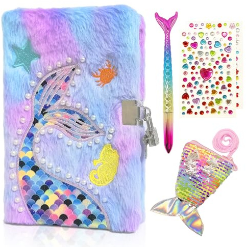 GROFIS Set di 4 Sirena Diario Segreto Bambina, Diario in Peluche con Lucchetto, 160pag Reversibile Taccuino A5 a Righe, Quaderno con Paillettes Portamonete, Penna, Adesivi, Regalo per Ragazze