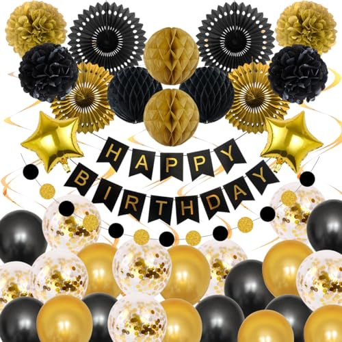 Geburtstagsdeko Schwarz Gold Party Deko, Geburtstag Deko Luftballons Frau Mann Banner- Happy Birthday Girlande, Wimpelkette Luftschlangen Pompons Deko für 18-60.Geburtstag Party Dekoration
