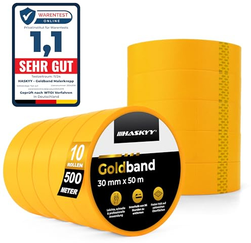 HASKYY Guldband Målarkrepp Maskeringstejp 10x Målareband 30mm x 50m Professionellt skyddsband Målartejp Självhäftande tejp Washi tejp Guld papperstejp