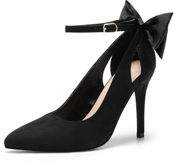 DREAM PAIRS Zapatos de tacón alto stiletto para mujer con tiras, de punta puntiaguda, con lazo, zapatos de vestir sexy para fiestas y bodas, zapatos de salón, NEGRO (BLACK-SUEDE), 41 EU
