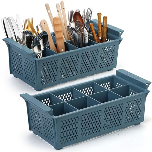 Yungyan 2 Pcs 8 Slot Plastic Cutlery Basket 16.81 x 8.07 x 5.91 Inches Dishwasher Flatware Basket with Handle Utensil Holder for Knives, Forks, Spoons, Silverware Commercial Dishwasher(Blue)