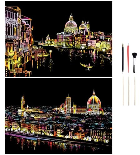 Georgie Porgy Scratch Art Kitt per Bambini Adulto Magic Rainbow Disegni da Grattare A3 Città Carta per Natale Regalo di Compleanno (A3-Venezia + Firenze)