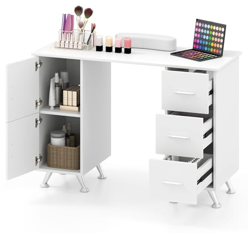COSTWAY Tavolo per Manicure, Tavolo per Unghie con Cassetti, Cuscino Poggia Polsi e Gambe in Metallo, Stazione per Unghie Estetista Nail Art per Salone di Bellezza (Bianco)