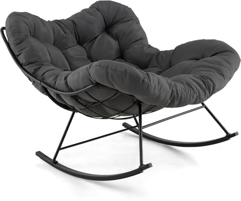 COSTWAY Silla Mecedora con Cojín Acolchado, 110x95x94 cm, Mecedora Salon Extra Grande, Carga 205 kg, Sillon Balancin con Marco de Metal, Pies Antideslizantes, Antivulco, Interior y Exterior, (Gris)