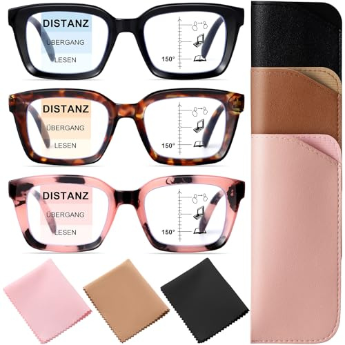 Zuimei 3 Pack Progressive Multifocal Reading Glasses for Men and Women, Square frame glasses, Blue Light Blocking with Spring Hinges, Outdoor Computer Reader (1.5x)