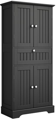 ChooChoo 51 H Tall Bathroom Floor Cabinet, Modern Bathroom Storage Cabinet with Drawer and Adjustable Shelves, Freestanding Kitchen Pantry Cupboard with 4 Doors for Living Room, Black
