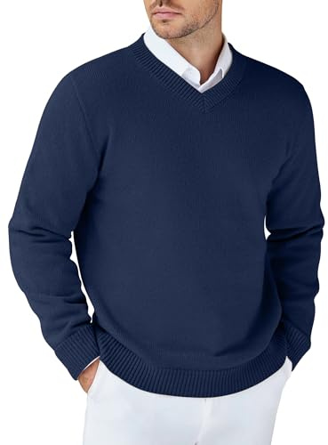 COOFANDY Maglione Uomo Scollo a V Manica Lunga Regular Fit Blu Navy XL