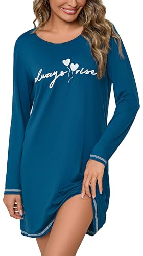 Bresdk Chemise De Nuit Femme Chemises de Nuit Longue Coton Vêtements de Nuit à Imprimé Cœur Col Ras du Cou Hiver Robe