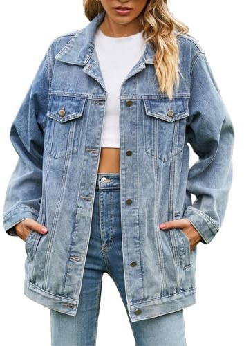 Womens Denim Jackets Long Oversized Jean Jacket Western Boyfriend Button Up Shacket Fall Outfits Coats with Pockets (UK, Alpha, XL, Regular, Regular, 01 Blue)