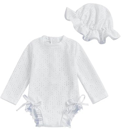 Generisch Traje de baño para niña de manga larga, pelele para playa, protección solar, ropa de natación para bebé y niña, traje de baño de protección, Blanco, 6-12 meses