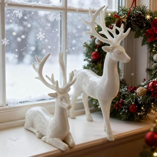 TASBER Reindeer Christmas Decorations, A Pair of Reindeer Ornaments, Nordic European Style Table Craft, for Home, Christmas Decoration, Bedroom and Office Decoration (White)