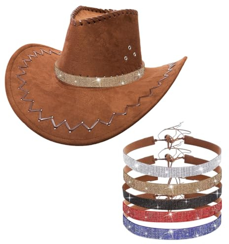 YANGSHINE 5 st bling strass hatt band justerbar västerländsk stil cowboy hatt band bälte för kvinnor män, vit + guld + svart + röd + blå