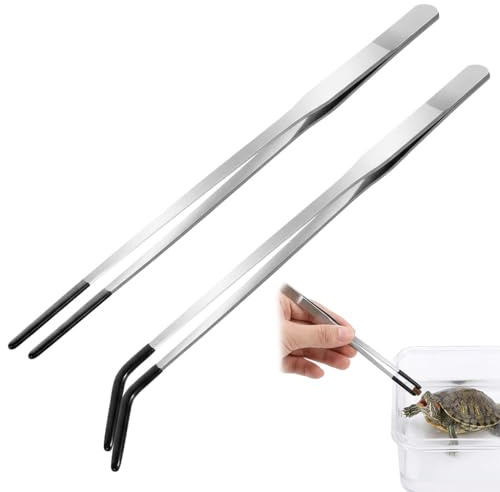 2 Pcs Reptile Feeding Tongs, Stainless Steel Feeder, Straight and Curved Aquarium Tweezers with Rubber Tips, 27cm Tweezers Accessories for Tanks Snake Lizards Feeders Aquascaping Terrarium Plants