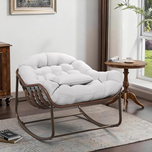 Acekool Chaise à Bascule Papasan XXL pour extensionérieur et intérieur – Fauteuil œuf en rotin – Coussin épais – Cadre métal, Base Bois – Idéal Salon, Jardin, Balcon – Finition Poudre Marron + rotin
