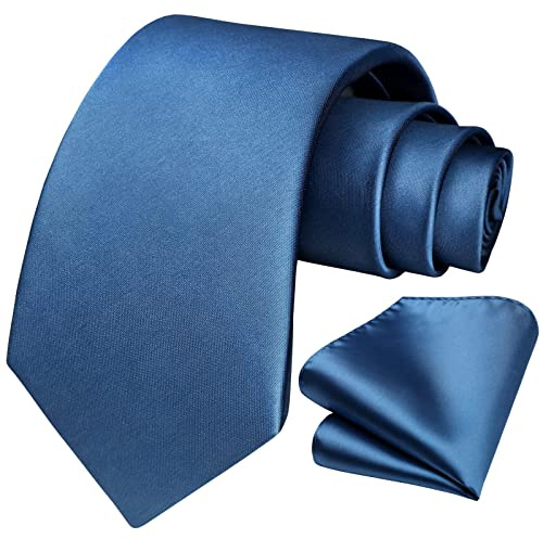 HISDERN Mens Ties Blue Ashes Silk Tie and Pocket Square Set Classic Formal Solid Necktie & Handkerchief for Wedding Business with Gift Box
