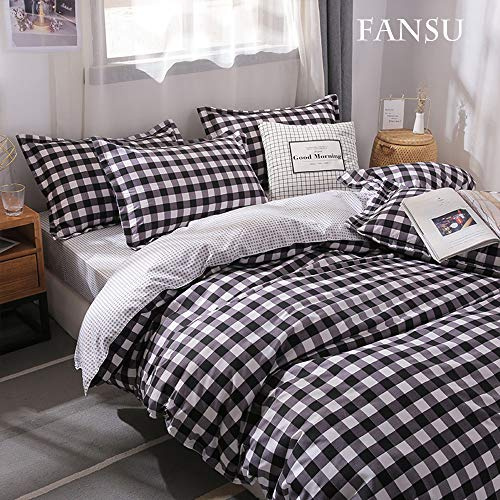 Fansu Juego de Ropa de Cama 4 Piezas, Incluye Moderno Nórdico Microfibra 1 Cremallera Funda Nórdica de Edredón 1 Colcha de Cama o Sábana 2 Fundas de Almohada (220x240cm-2.2M,Retro a Cuadros Negro)