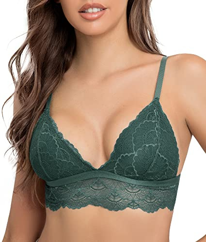 SHEKINI Dam-BH avtagbara pads bralette spets bh utan bygel triangel-BH V-ringad blommor underkläder varje dag behåar, Grön, XL
