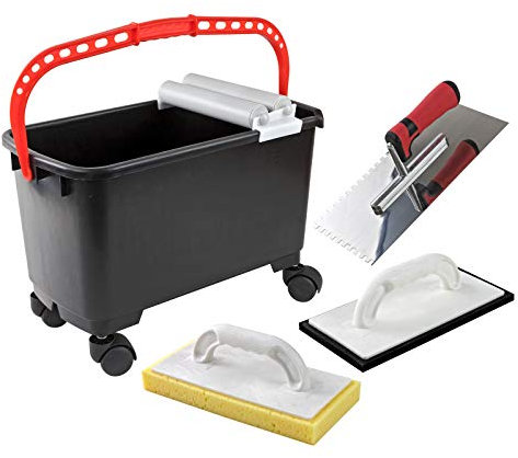 Fliesenwaschset Verlegeset Doppelrolle Zahnkelle Glätteset Fliesen 4tlg Eimer Rollen Hydroschaum Waschbrett 4tlg.