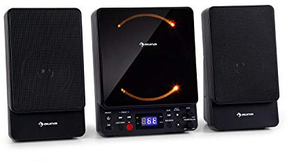 AUNA Microstar - Micro-chaîne Verticale, Lecteur CD, Bluetooth, Enceintes stéréo, Port USB, Tuner FM, AUX-in, écran LCD, éclairage d'ambiance, Installation Murale ou Pose Libre - Noir