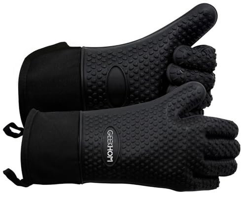 GEEKHOM BBQ Gloves X-Large, Heat Resistant Kitchen Silicone Oven Mitts, Waterproof Oven Gloves, BBQ Grill Accessories for Baking, Fryer, Smoker, Weber, Pizza, Microwave, Non-Slip, Black