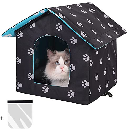 Cat House for Outdoors, Cat House for Winter, Waterproof Outdoor Pet House with Removable Transparent Curtain (Black, L)