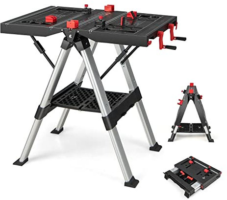 GOPLUS - Mesa de trabajo y caballete plegable portátil, banco de trabajo multifuncional con sistema de sujeción, 2 alturas ajustables, estación de trabajo de sujeción para bricolaje, trabajo de madera