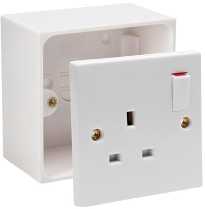 Single Switched Socket 1Gang 13Amps White Electrical Outlet - Compatible with Single 25/35/45mm Pattress Back Box Surface Mounted 1 Gang (1, SET with 45mm Box)
