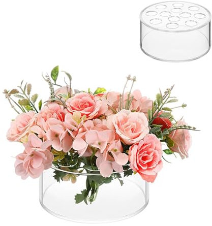 Vase rond en acrylique transparent | 12 trous pour fête de mariage, centre de table à manger, centre de table floral cylindrique pour table à manger, support de fleurs bas avec trous pour la maison,