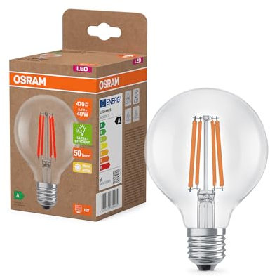 Osram dalla classica forma a globo, con filamento LED decorativo, classe di efficienza energetica A, E27, 5 W, 1055 lm, 2700 K, bianco caldo. luce immediata al 100%. Sfarfallio basso.