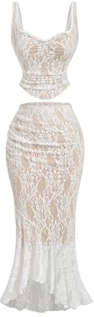 SOLY HUX Women's Floral Lace Skirt Set 2 Piece Sleeveless Top and Bodycon Fishtail Skirts Summer Coquette Outfits Pure White Large
