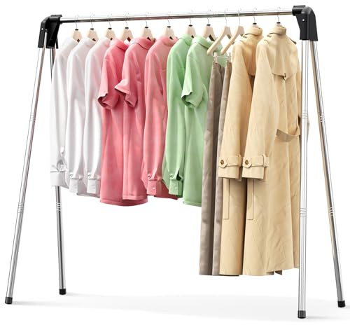 SYKIARIOL Portant à Vêtements Pliable - Portable Porte Manteau Acier Inoxydable - 15 kg Capacité -Portant Vetement Solide - pour Chambre Voyage Camping (Intérieur/Extérieur) - Montage Facile - 140cm