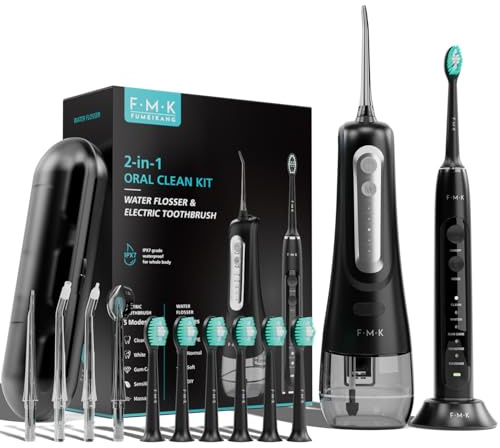 FUMEIKANG Water Flosser & Electric Toothbrush for Adults Oral Irrigator & Sonic Toothbrush 2-1 Oral Clean Kit (Black)