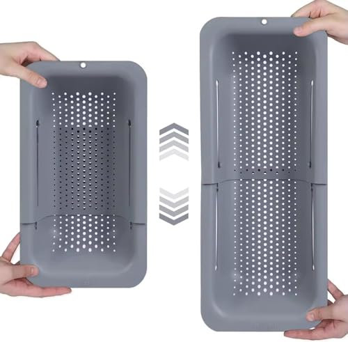 Expandable Kitchen Sink Colander – Adjustable 34.5-48 cm, Grey, Over-The-Sink Strainer for Fruits, Vegetables, and Pasta, Space-Saving, Efficient Drainage, Non-Slip Grips