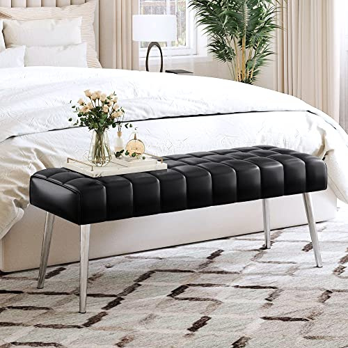LUE BONA 113 cm Bout de Lit Banquette,Banc Chaussures Entrée avec Similicuir Capitonne,Banc Entree pour Entrée Salon Chambre à Coucher,113x39x45 cm,Noir
