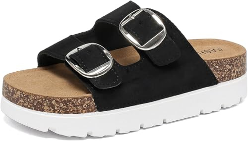 Ciabatte Estive Donna con Tacco Plateau Sandali con Plantare in Sughero Comodi Slide Doppia Fibbia Pelle Scamosciata Antiscivolo Pantofole Gomma Suole Pantofol Estiv