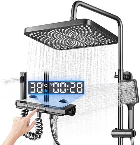 Koeutoze Duschkopf Set, Duschsystem mit LED, Duschbrause Regendusche 27 X 20cm, Duschkopf Handdusche, Zusatzdüse und Armatur, einstellbare Duschsäule mit Stimmungslicht, Höhe verstellbar 69-103cm