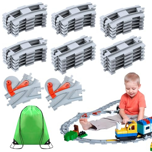 lompyeu assortimento di binari, 32 pezzi - set di binari accessori ferroviari con borsa portaoggetti, giocattolo regalo giocattolo da 3 anni in su, grigio chiaro
