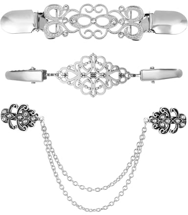 JUKOTA Lot de 3 clips pour cardigan - 3 styles de boucle d'écharpe en alliage de zinc - Vintage - Clips pour vêtements - Argenté - Pour femme et fille, 19.8 cm/13 cm/9.5 cm