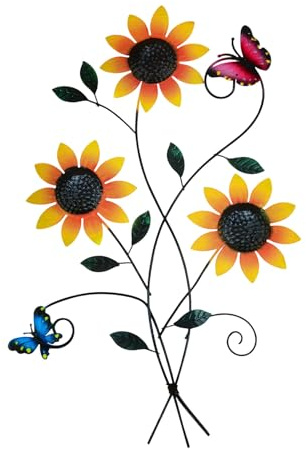 Komergave Metal Sunflower Wall Decor, Garden Wall Art Outdoor, 3D Sunflower Butterfly Fence Decorations, Bright Floral Hanging Sculpture for Garden Courtyard Porch Patio Living Room Farmhouse Balcony
